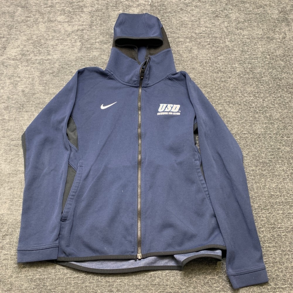 Nike Dri Fit USD Swimming & Diving Jacket Womens Large Navy Blue Hooded Full Zip